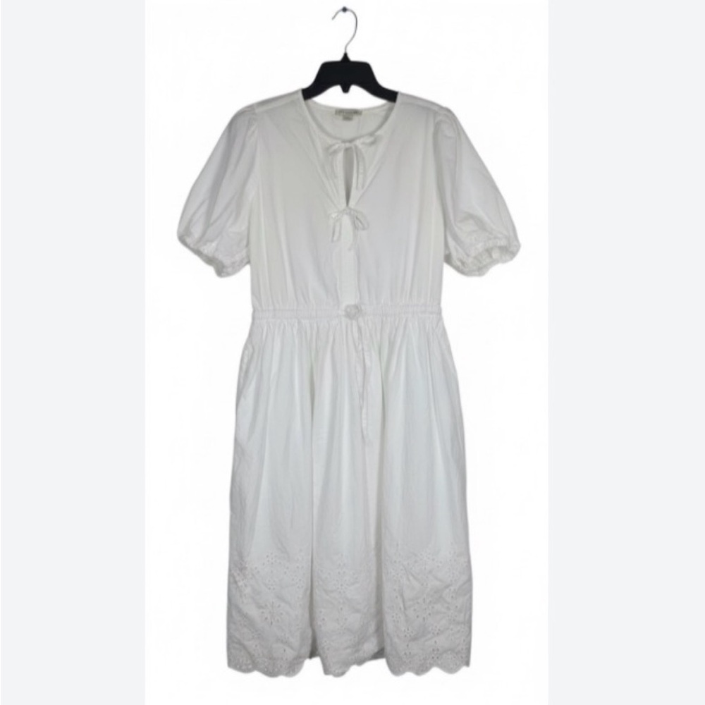 Modest Classic White Eyelet Tie Front Midi Dress with Pockets Mennonite Amish